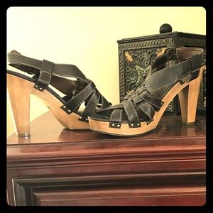 Xhilaration wood/leather strappy  heels, size 11